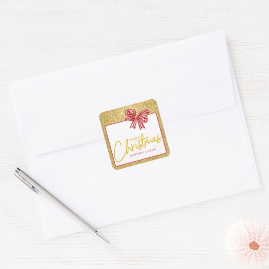 金ゴールドグリッターメリークリスマスレッドボウフェスティバル スクエアシール (封筒)