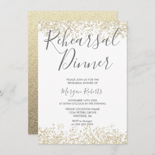 金ゴールドグリッターモダンリハーサルディナー招待状 招待状 (正面/裏面)