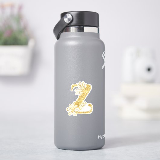 金ゴールドグリッターモノグラムイニシャルZフローラステッカー シール (HydroFlask)