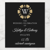 金ゴールドグリッターモノグラムトランプのポーカーチップカ結婚ジノ ワインラベル (シングルラベル)