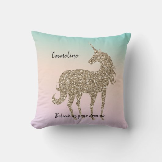 金ゴールドグリッターユニコーンアクアピーチピンクグラデーション絞り染め クッション (正面)