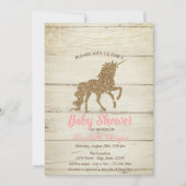 金ゴールドグリッターユニコーンウッドテクスチャベビーシャワー 招待状 (正面)