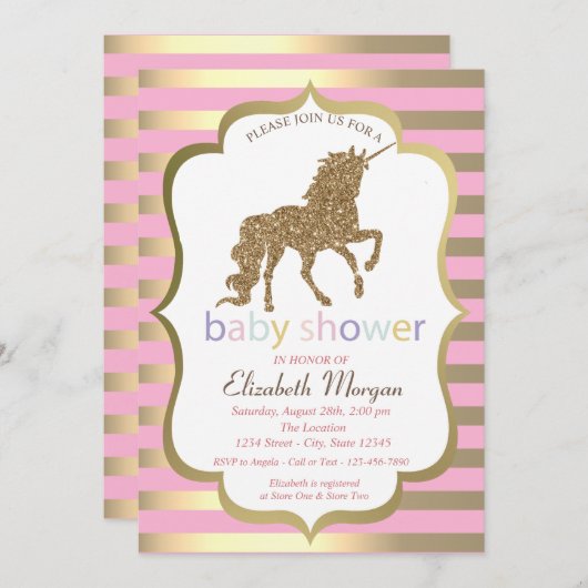 金ゴールドグリッターユニコーンストライプ、ベビーシャワー招待状 招待状 (正面/裏面)