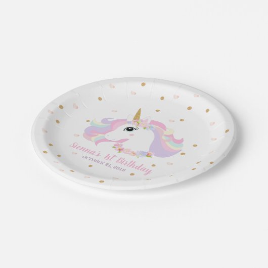 金ゴールドグリッターユニコーンバースデーパーティー紙プレート ペーパープレート (アングル)