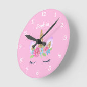 金ゴールドグリッターユニコーンパーソナライズされたかわいい女の子の名前 ラウンド壁時計 (傾斜)