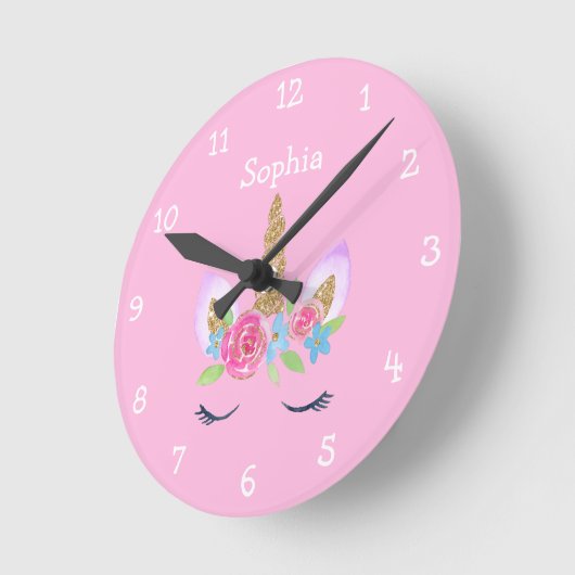 金ゴールドグリッターユニコーンパーソナライズされたかわいい女の子の名前 ラウンド壁時計 (傾斜)