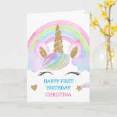 金ゴールドグリッターユニコーンパーソナライズされたガール誕生日 カード (黄色い花)