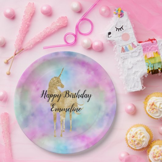 金ゴールドグリッターユニコーンパープルピンクアクア赤面 ペーパープレート (パーティー)