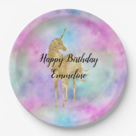 金ゴールドグリッターユニコーンパープルピンクアクア赤面 ペーパープレート