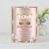 金ゴールドグリッターユニコーンフローラクラウン赤ちゃんシャワーインヴィ 招待状 (スタンド正面)