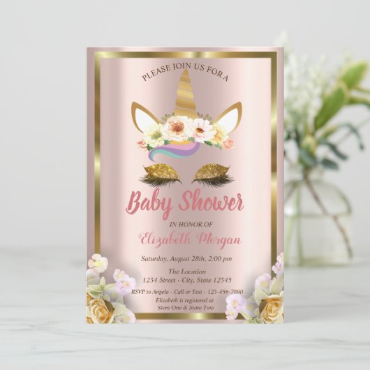 金ゴールドグリッターユニコーンフローラクラウン赤ちゃんシャワーインヴィ 招待状 (スタンド正面)