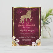 金ゴールドグリッターユニコーンフローラバーガンディーベビーシャワー 招待状 (スタンド正面)