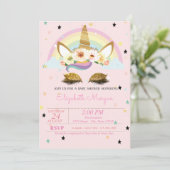 金ゴールドグリッターユニコーンフローラレインボーベビーシャワー 招待状 (スタンド正面)