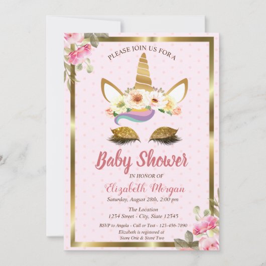 金ゴールドグリッターユニコーンフローラ水玉模様ベビーシャワー 招待状 (正面)