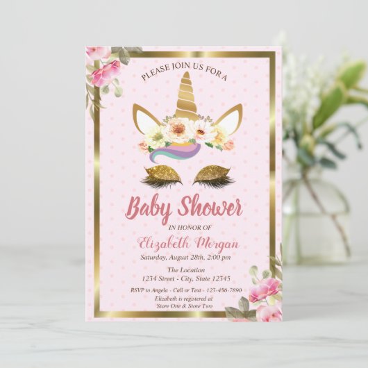 金ゴールドグリッターユニコーンフローラ水玉模様ベビーシャワー 招待状 (スタンド正面)