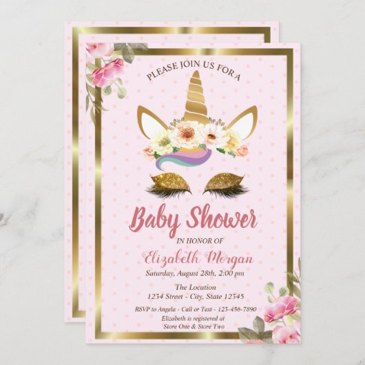 金ゴールドグリッターユニコーンフローラ水玉模様ベビーシャワー 招待状 (正面/裏面)