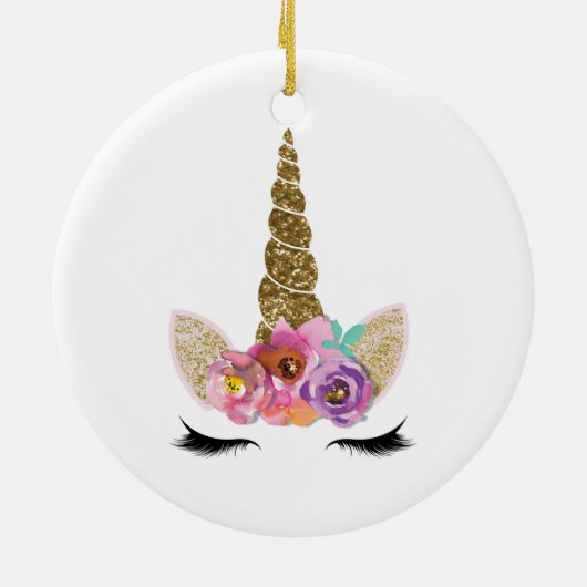 金ゴールドグリッターユニコーンホーンフローラ パーソナライズされた セラミックオーナメント (裏面)