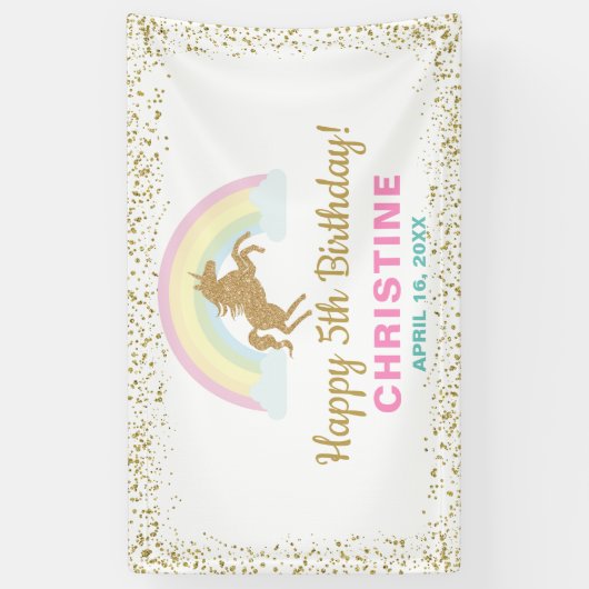 金ゴールドグリッターユニコーンレインボーバースデーパーティーバナー 横断幕 (縦)