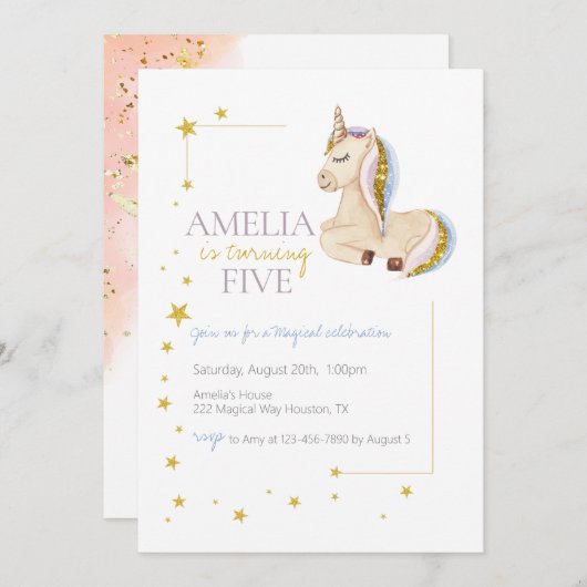 金ゴールドグリッターユニコーンレインボーバースデーパーティー 招待状 (正面/裏面)