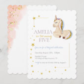 金ゴールドグリッターユニコーンレインボーバースデーパーティー 招待状 (正面/裏面)