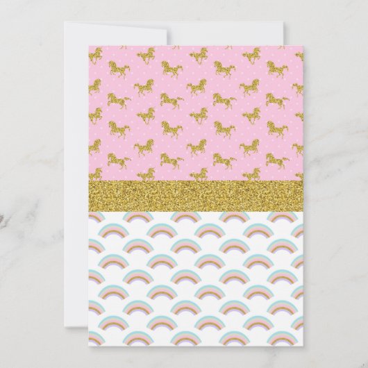 金ゴールドグリッターユニコーンレインボーパーティの招待状 招待状 (正面)