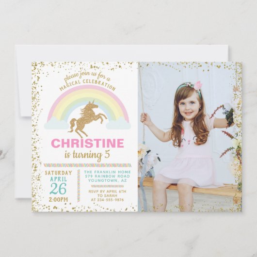 金ゴールドグリッターユニコーンレインボー誕生日写真 招待状 (正面)