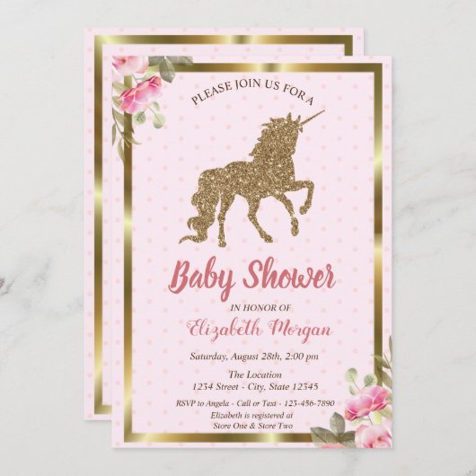 金ゴールドグリッターユニコーン水玉模様、フローラベビーシャワー 招待状 (正面/裏面)
