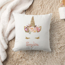 金ゴールドグリッターユニコーン顔キッドの名前装飾用クッション