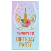 金ゴールドグリッターユニコーン顔誕生日パーティーの好意 スモールペーパーバッグ (裏面)