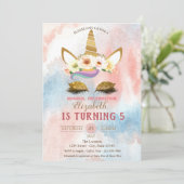 金ゴールドグリッターユニコーン、水彩スプラッシュ誕生日 招待状 (スタンド正面)