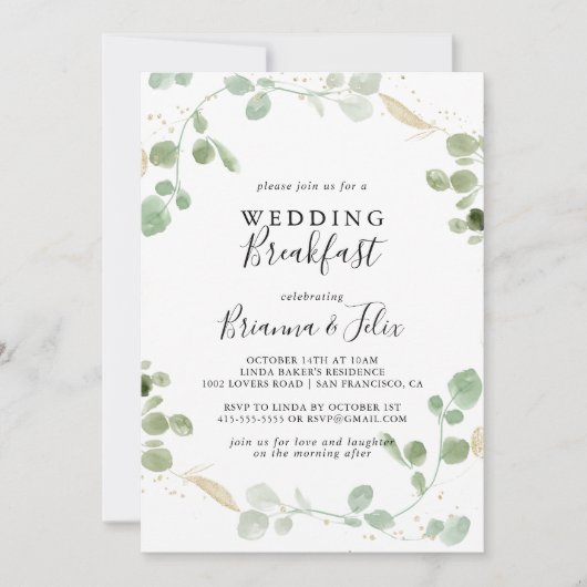 金ゴールドグリッターユーカリ結婚ルビーズブレックファースト 招待状 (正面)