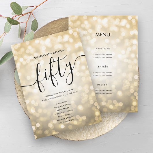 金ゴールドグリッターライト50誕生日メニュープログラム 招待状