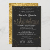 金ゴールドグリッターラスベガスクインセアニラ誕生日 招待状 (正面/裏面)