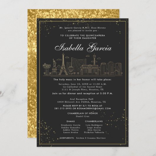 金ゴールドグリッターラスベガスクインセアニラ誕生日 招待状 (正面/裏面)