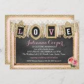 金ゴールドグリッターラブバナーブライダルシャワー 招待状 (正面/裏面)