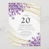金ゴールドグリッターラベンダーフローラ220誕生日 招待状 (正面/裏面)