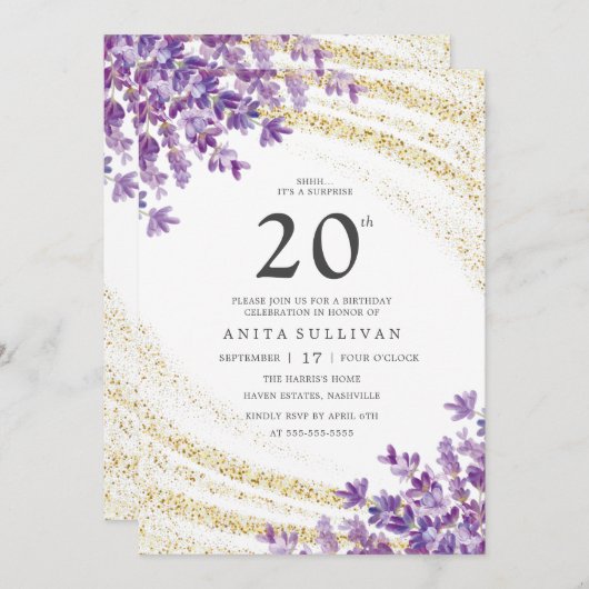 金ゴールドグリッターラベンダーフローラ220誕生日 招待状 (正面/裏面)