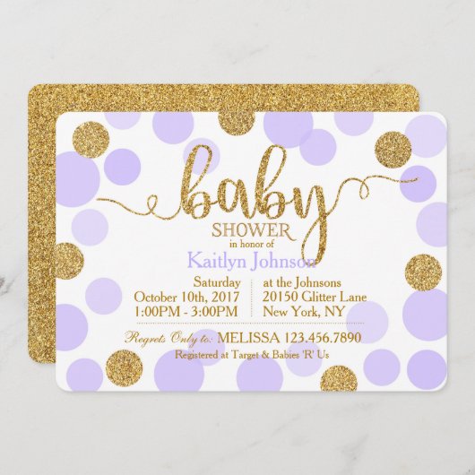 金ゴールドグリッターラベンダー散乱ドット赤ちゃんシャワー 招待状 (正面/裏面)