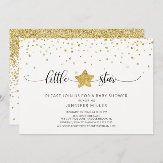 金ゴールドグリッターリトルスターベビーシャワー 招待状 (正面/裏面)