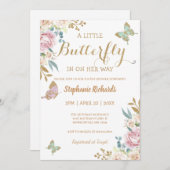 金ゴールドグリッターリトルバタフライバラベビーシャワー 招待状 (正面/裏面)