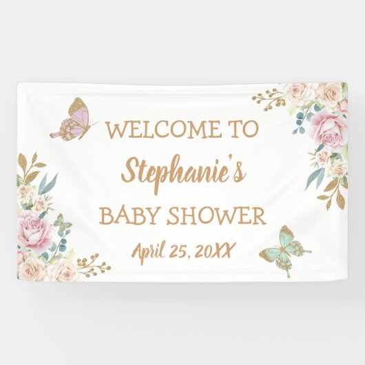 金ゴールドグリッターリトルバタフライベビーシャワー背景 横断幕 (横)