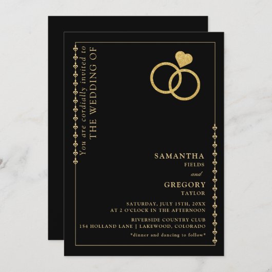 金ゴールドグリッターリングや輪ミニマ結婚リスト 招待状 (正面/裏面)