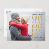 金ゴールドグリッタールックレタリング写真の保存日付 案内ポストカード (正面/裏面)