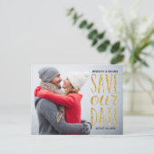 金ゴールドグリッタールックレタリング写真の保存日付 案内ポストカード (スタンド正面)