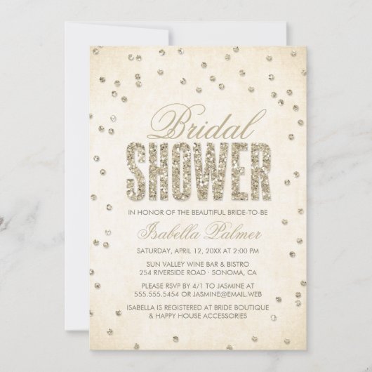金ゴールドグリッタールック紙吹雪ドットブライダルシャワー 招待状 (正面)