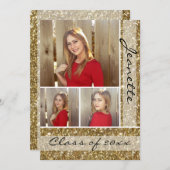 金ゴールドグリッタールック3 3写真卒業 招待状 (正面/裏面)