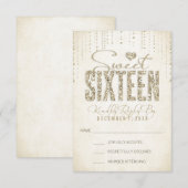 金ゴールドグリッタールックSweet sixteenRSVPカード 出欠カード (正面/裏面)