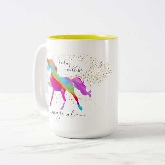 金ゴールドグリッターレインボーユニコーン今日は魔法になる ツートーンマグカップ (正面左)