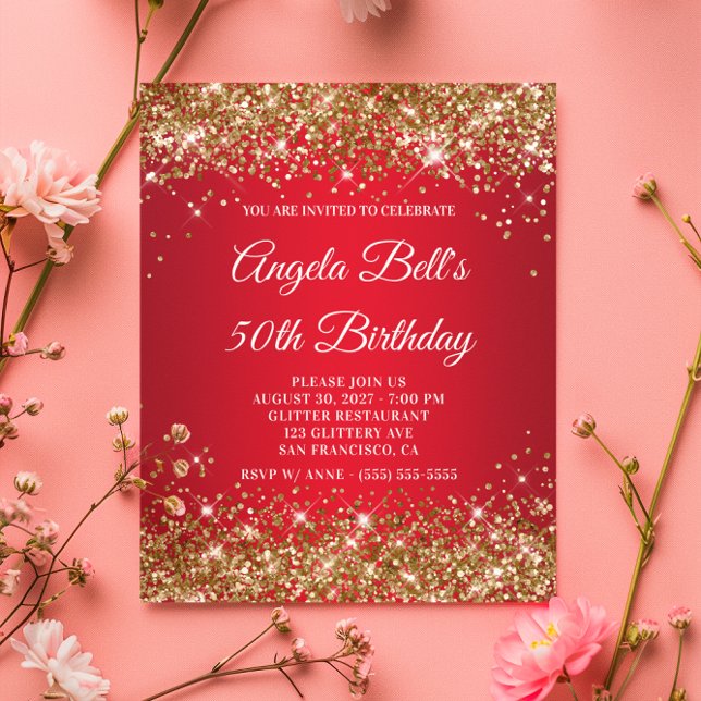 金ゴールドグリッターレッドグラデーション50番目の誕生日招待状 (Gold Glitter Red Ombre 50th Birthday Invitation)