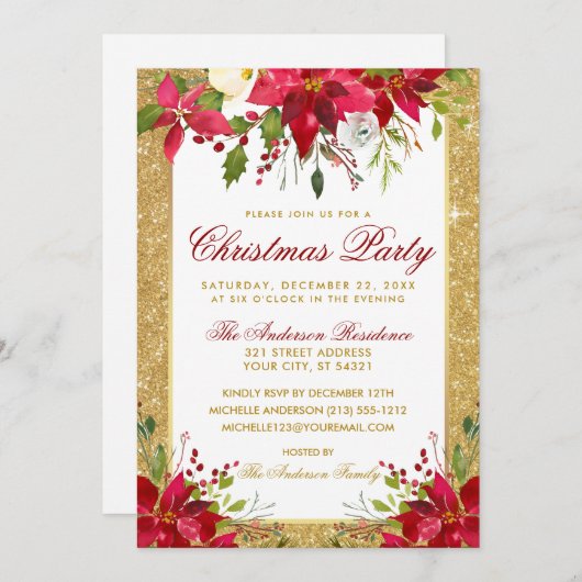 金ゴールドグリッターレッドポインセチアフローラクリスマスパーティー 招待状 (正面/裏面)